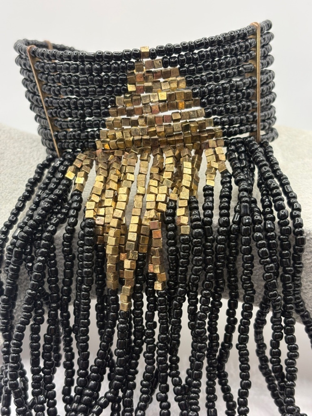 Black & Gold Beaded Fringe Collar Necklace Statement Piece 14-17” - Picture 5 of 8